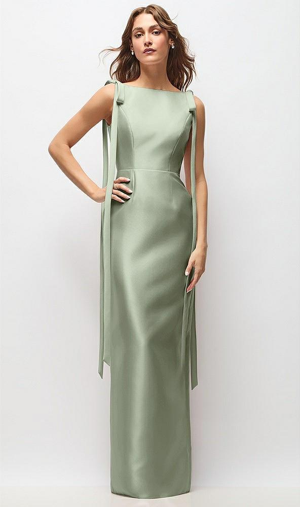 bateau neck satin column maxi dress with exaggerated tail bow straps