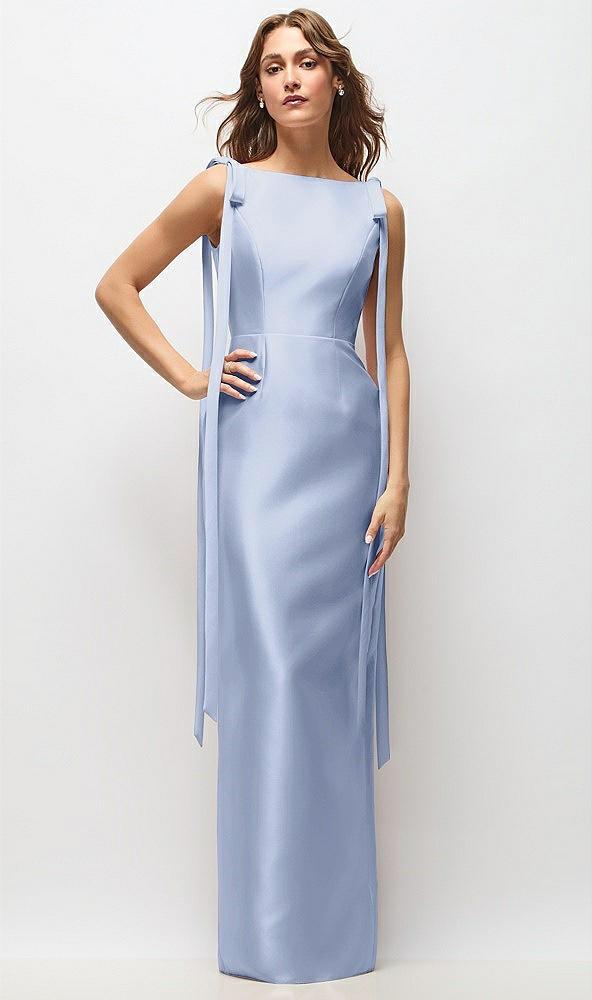 bateau neck satin column maxi dress with exaggerated tail bow straps