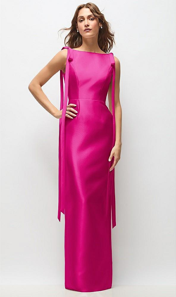 bateau neck satin column maxi dress with exaggerated tail bow straps