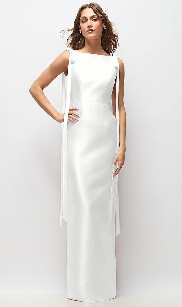 bateau neck satin column maxi dress with exaggerated tail bow straps
