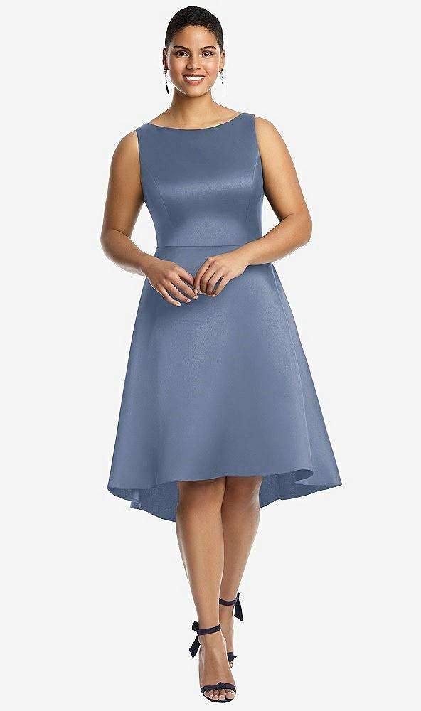 bateau neck satin high low cocktail dress