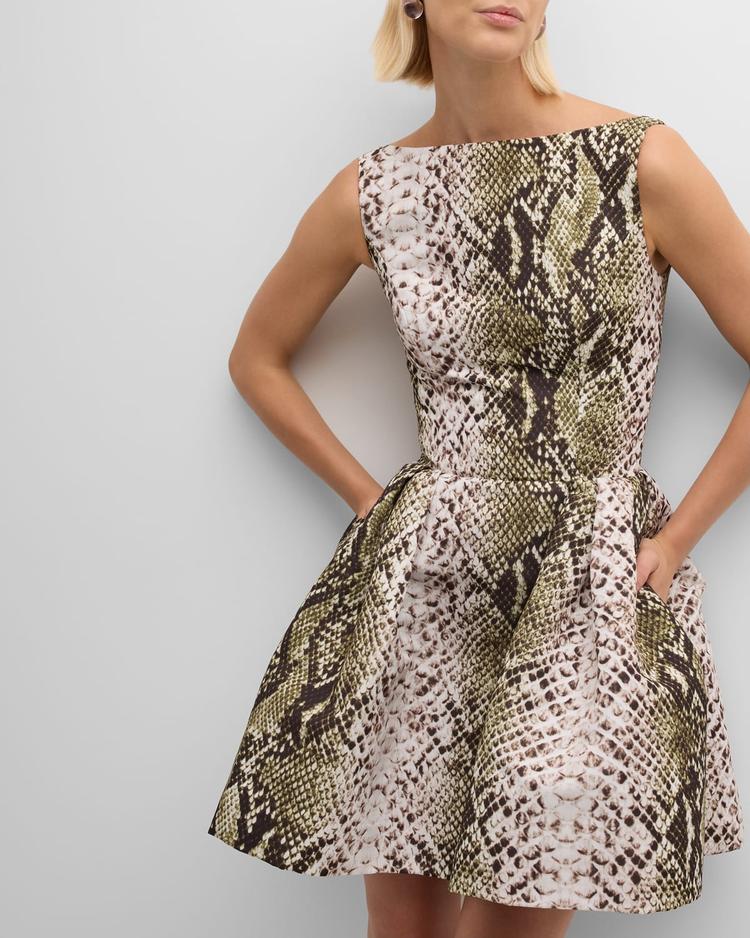 bateau-neck snake-print faille sleeveless mini dress