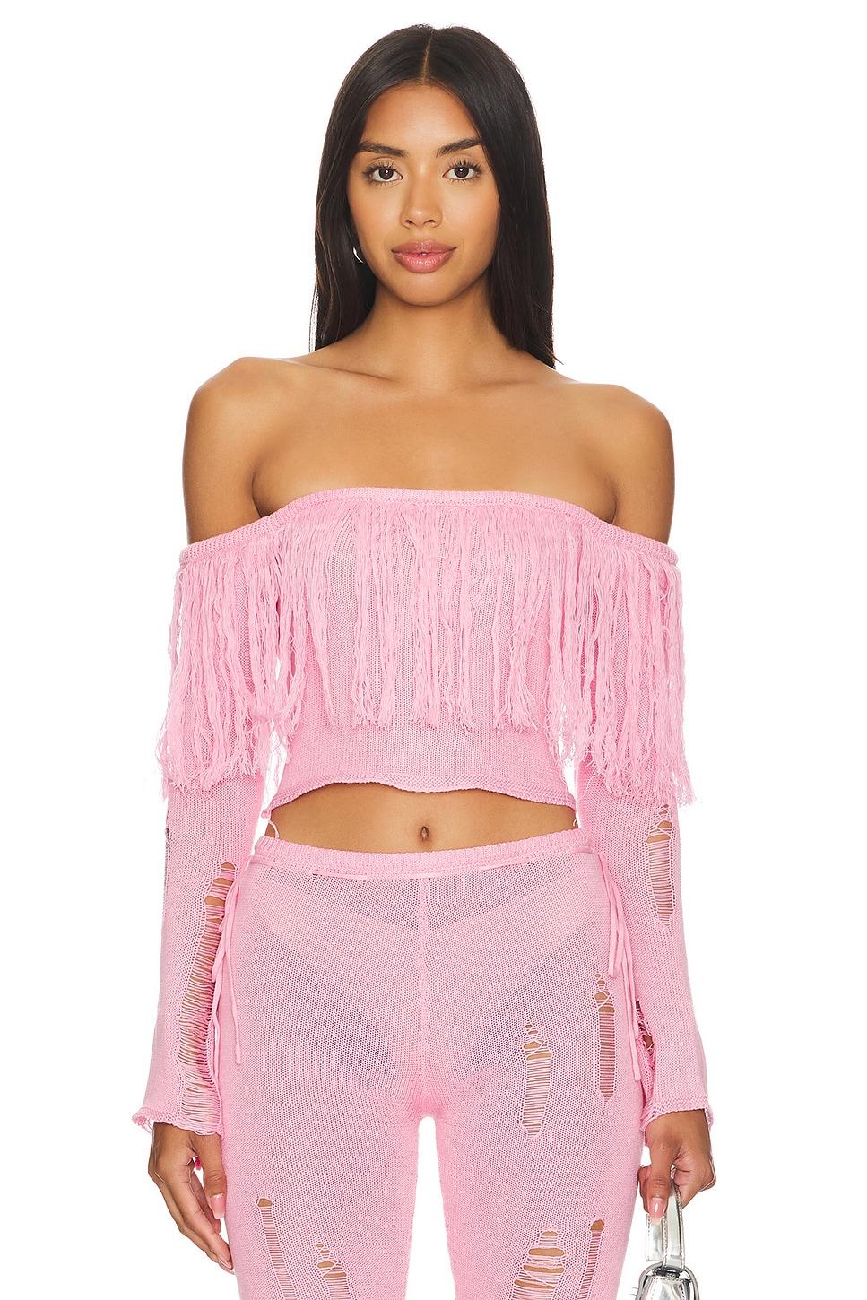 bay tassel off shoulder knit top