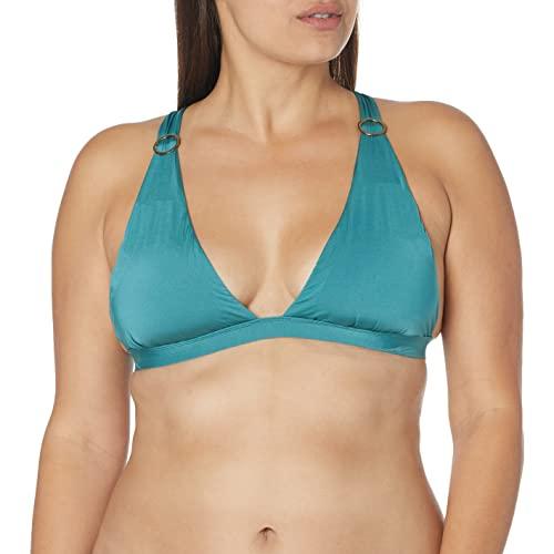 bcbg maxazria women's standard plunging v-neck shirred solid color triangle bra bikini swimsuit top, atlantis, 12