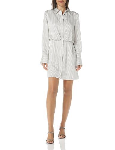 bcbg new york women's long sleeve collar neck mini shirt dress, white navy stripe