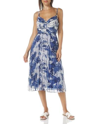 bcbg new york women's sleeveless v neck pleated midi day dress, blue multi