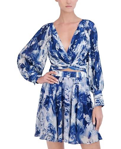 bcbg new york women's twist front long sleeve v neck blouse top, blue multi