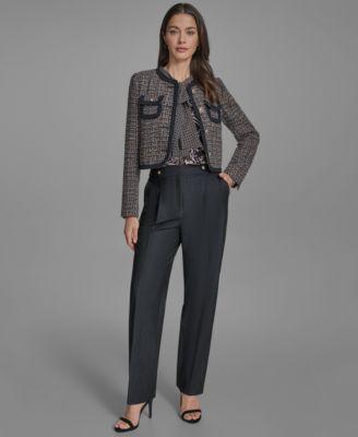 bcbg womens braided trim tweed collarless jacket printed sleeveless tie neck blouse denim straight leg pants