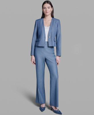 bcbg womens one button faux denim jacket high rise wide leg pants
