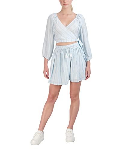 bcbgeneration women's 3/4 sleeve v neck surplice side tie crop top, variegated stripe, small