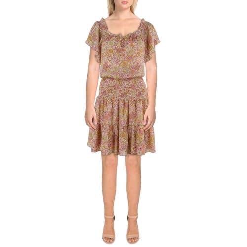 bcbgeneration women's fit and flare dress off the shoulder short sleeve smocked waist, pink multi