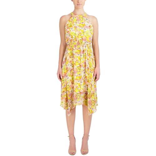 bcbgeneration women's fit and flare halter neck elastic stretch asymmetrical hem midi dress, storybook floral, medium