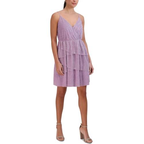 bcbgeneration women's fit and flare mini cocktail dress adjustable spaghetti straps surplice neck tiered ruffle skirt, lavender
