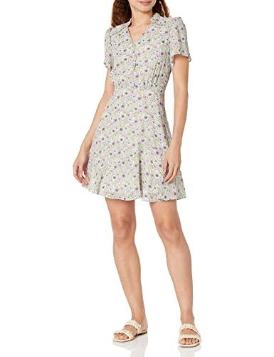 bcbgeneration women's fit and flare mini day dress short sleeve v neck ruffle detail, blossom