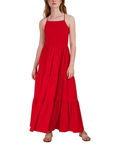 bcbgeneration women's fit and flare spaghetti strap halter neck tie back smocked bodice tiered skirt maxi dress, grenadine, small