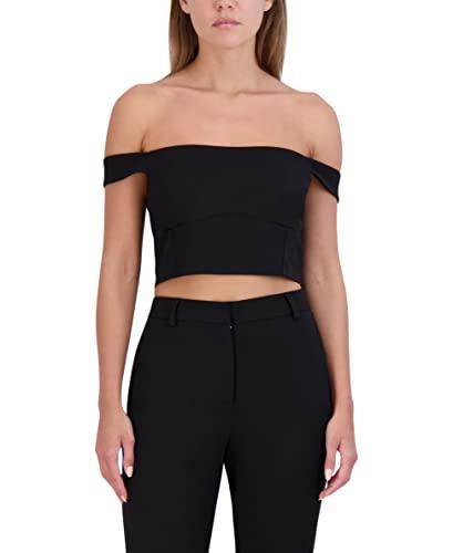 bcbgeneration women's fitted bustier crop top off the shoulder strap shirt, black, small