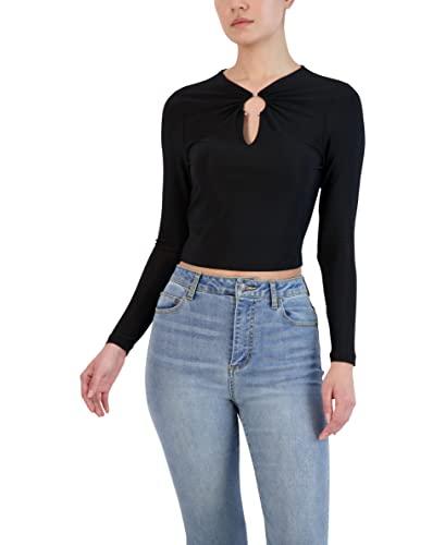 bcbgeneration women's fitted crop top long sleeve shirring deep v neck shirt, black, medium
