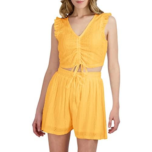 bcbgeneration women's fitted flutter strap drawstring top, papaya, medium