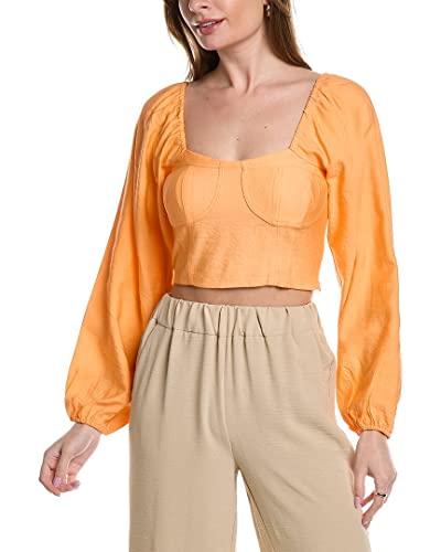 bcbgeneration women's fitted long puff sleeve top bustier style sweetheart neck smocked shirt, cantaloupe