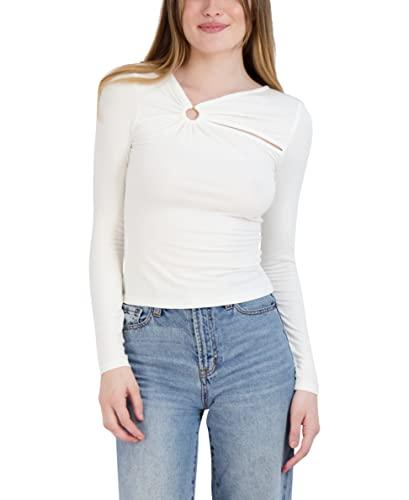 bcbgeneration women's fitted long sleeve top asymmetrical hem d ring cut out, cloud