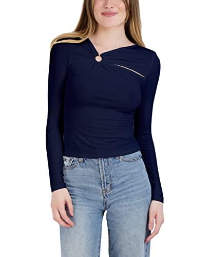 bcbgeneration women's fitted long sleeve top asymmetrical hem d ring cut out, navy