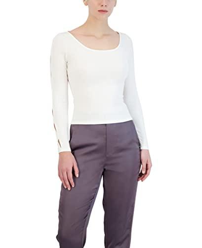 bcbgeneration women's fitted long sleeve top cut out scoop neck shirt, ivory, x-small