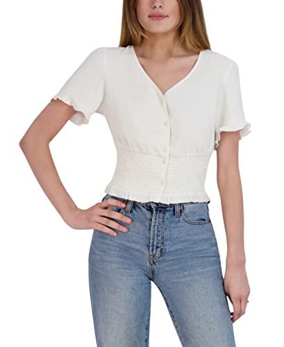 bcbgeneration women's fitted short sleeve smocked waist ruffle hem button front crop top, white, x-large