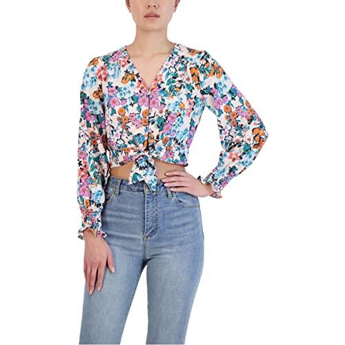 bcbgeneration women's long sleeve button down tie front crop top, garden multi, xx-small