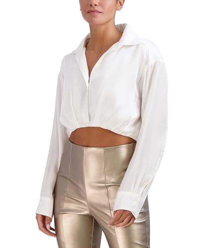 bcbgeneration women's long sleeve collar neck cropped button up top, marshmallow