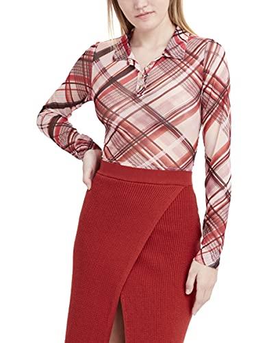 bcbgeneration women's long sleeve mesh polo top, plaid, medium