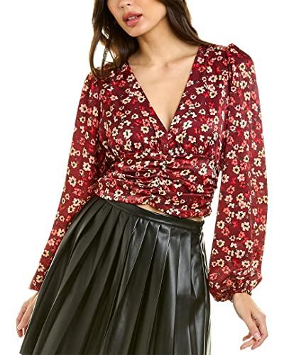 bcbgeneration women's long sleeve top fitted shirred faux button zipper v neck shirt, abstract floral, medium