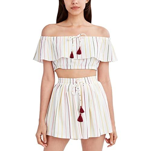 bcbgeneration women's off the shoulder short sleeve slim fit tie front cropped top, ivory multi, medium