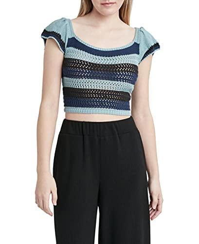 bcbgeneration women's pointelle rib knit top, teal multi, large
