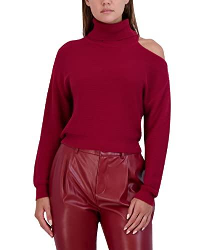 bcbgeneration women's relaxed long sleeve sweater shoulder cut out mock neck top, rhubarb, x-small