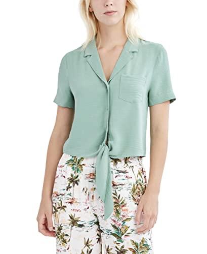 bcbgeneration women's relaxed short sleeve pocket button down tie front top, fern, small