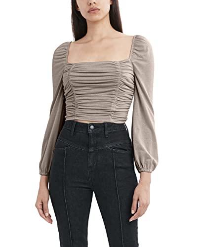 bcbgeneration women's ruched long sleeve crop top with square neck, champagne, x-large