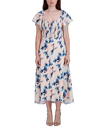 bcbgeneration women's scoop neck flutter sleeve smocked bodice pullover midi day dress, blurred floral