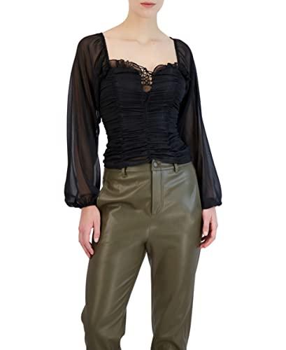 bcbgeneration women's sheer long sleeve top fitted smocked ruffle square neck shirt, black, large