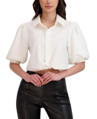 bcbgeneration women's short puff sleeve collar neck smocked cuff cropped blouson top, white