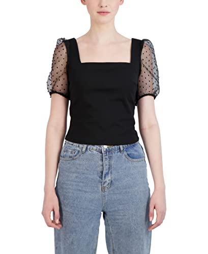 bcbgeneration women's short sheer balloon sleeve square neck crop top, black, x-large