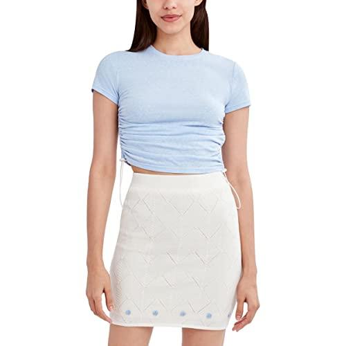 bcbgeneration women's short sleeve drawstring crop top, blue, medium
