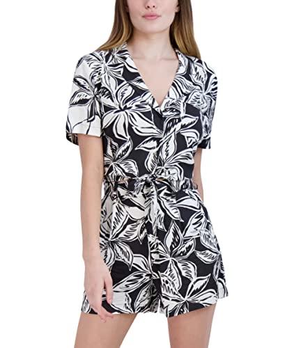bcbgeneration women's short sleeve v neck tie front button up top, palm comb
