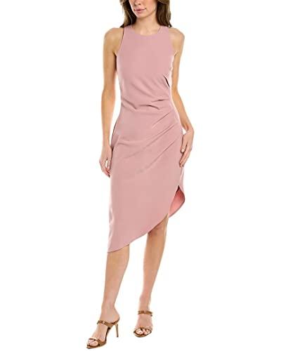 bcbgeneration women's sleeveless bodycon midi dress round neck shirred waist asymmetrical hem, blush