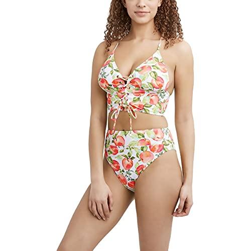 bcbgeneration women's standard midkini swimsuit top with lace up front and adjustable straps, white multi, small