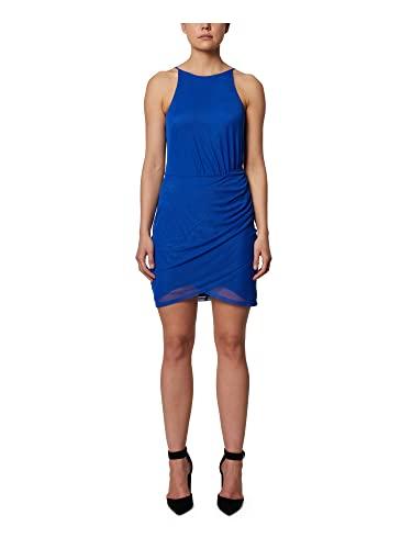 bcbgeneration womens blue stretch ruched sheer high neck gathered sleeveless mini party body con dress 0