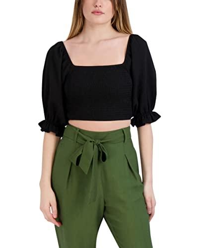 bcbgeneration womens fitted short puff sleeve smocked bodice crop top shirt, black, xx-small us