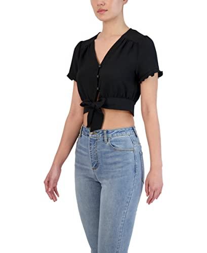 bcbgeneration womens short sleeve button down tie front crop top shirt, black, xx-small us