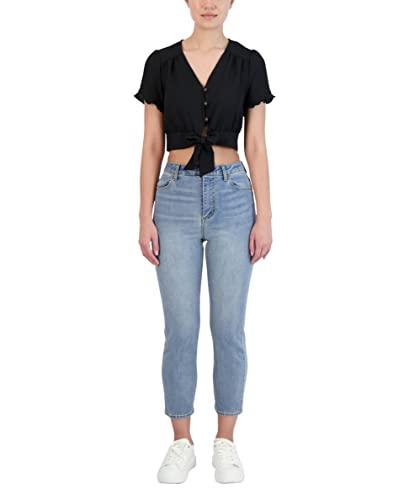 bcbgeneration womens short sleeve button down tie front crop top shirt, black, xx-small us