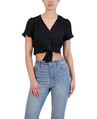 bcbgeneration womens short sleeve button down tie front crop top shirt, black, xx-small us