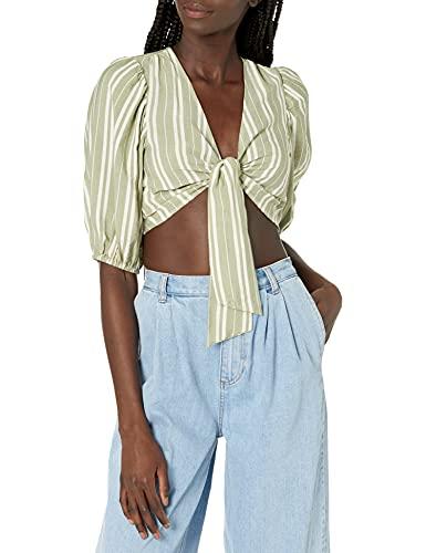 bcbgeneration womens woven tie front crop top shirt, olive ivory, x-small us